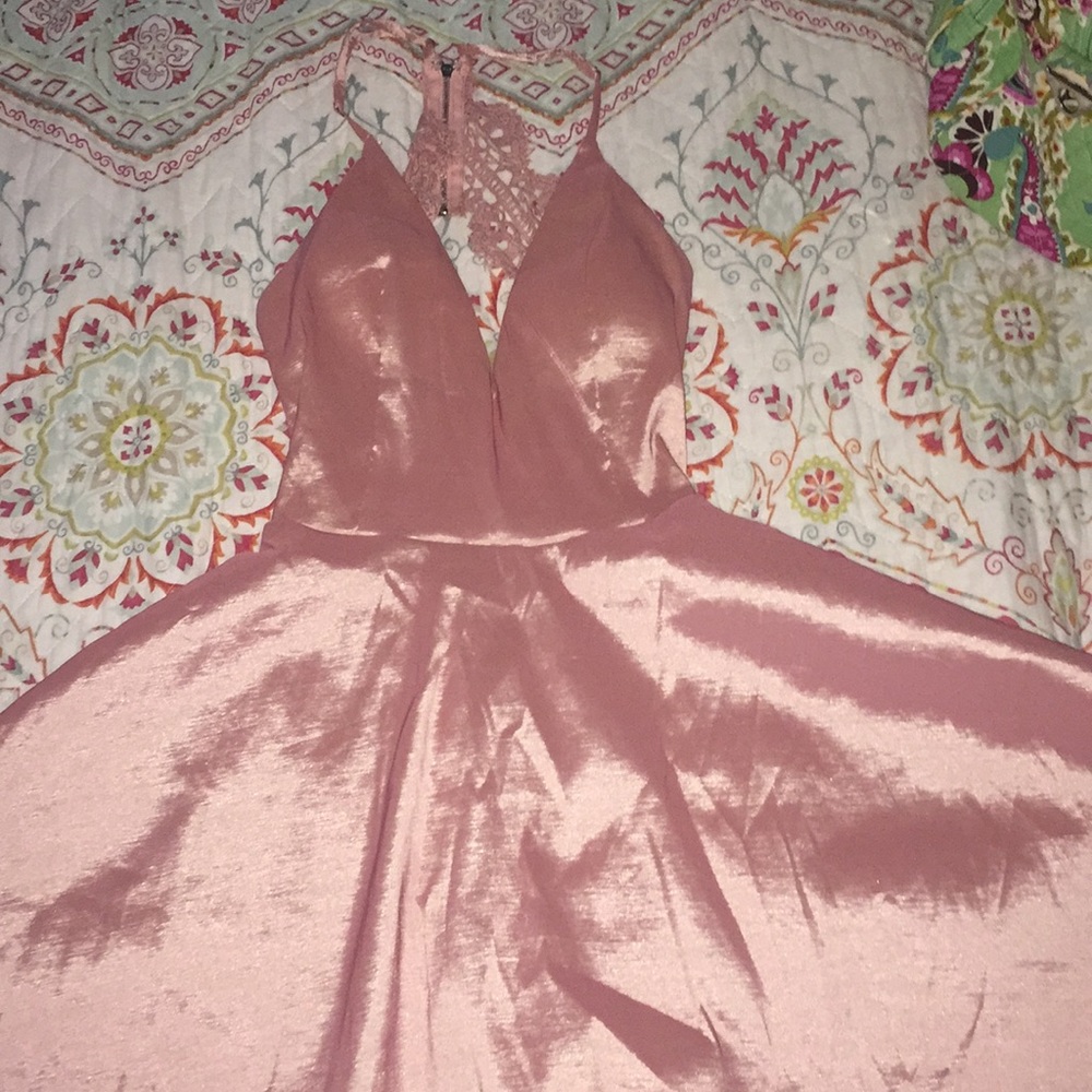 Pink,v neck,high low,formal, open back, lace dress